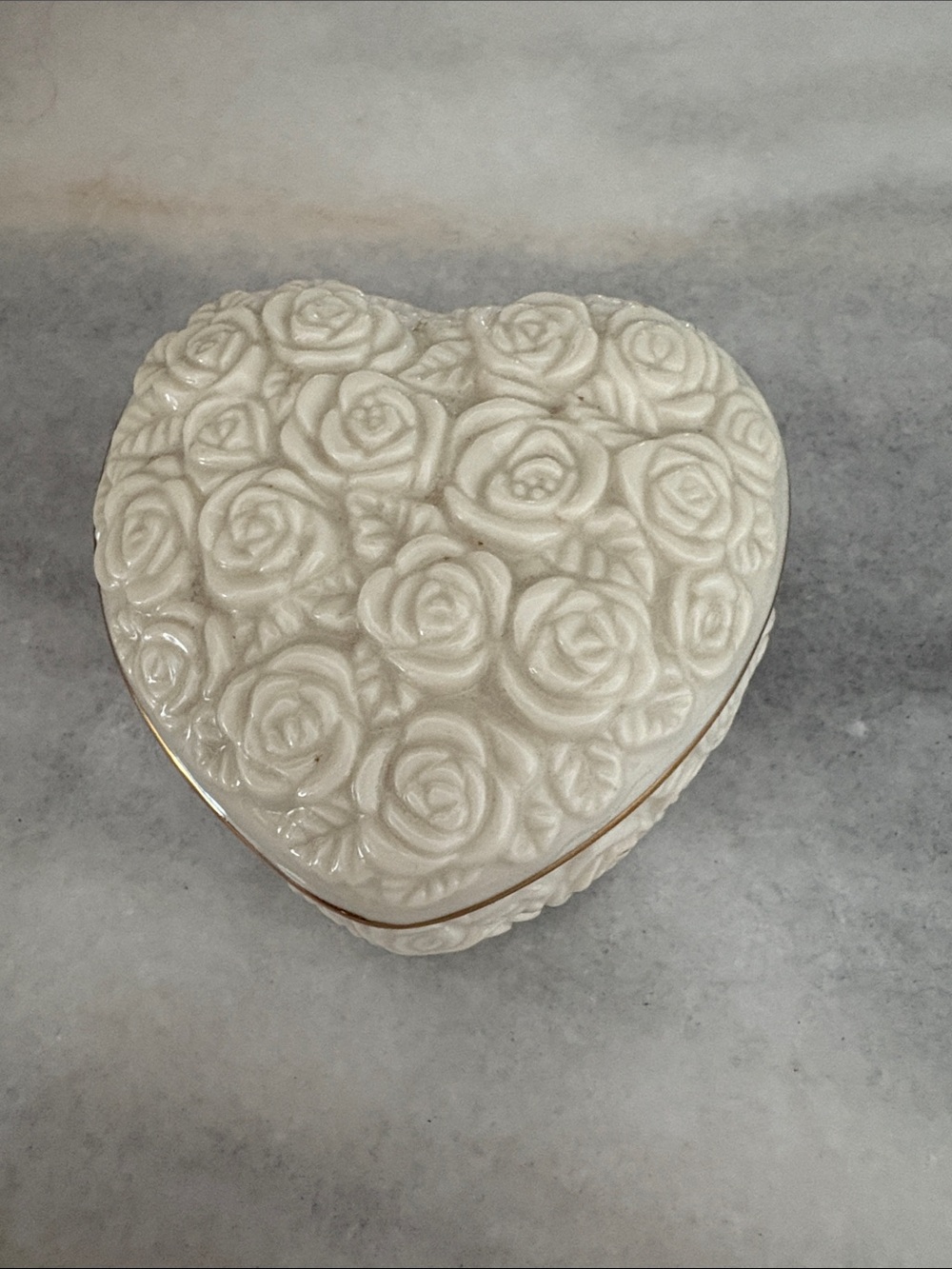 Lenox Heart-Shaped Ceramic Trinket Box with Rose Relief - Ivory